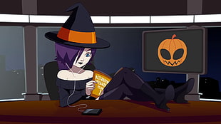 witch sitting on task chair illustration, Zone-tan, Zone-sama, Halloween