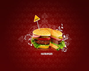 green and silver-colored ring, hamburgers, meat, food, digital art HD wallpaper