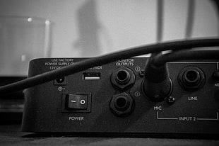 black corded device, audio, music, wires, monochrome