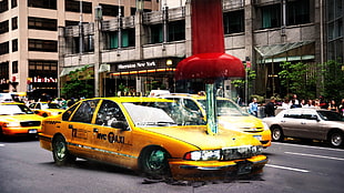 yellow and red motor scooter, taxi, photo manipulation, yellow cars, digital art