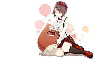 female anime character on brown monster anime character digital wallpaper
