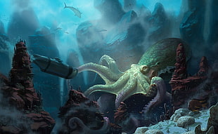 gray octopus digital wallpaper, fantasy art, octopus