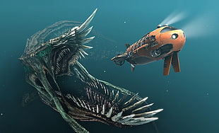 orange submarine following by sea monster