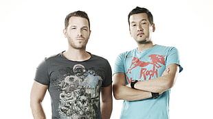 two men wearing crew-neck t-shirts