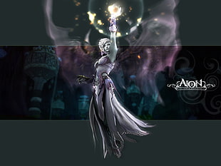 black and white dressed female doll, Aion Online, sorcerer, Asmodian HD wallpaper