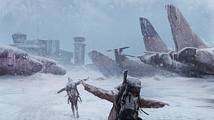 brown airplane lot, airport, snow, backpacks, apocalyptic HD wallpaper