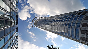 black and gray metal tool, architecture, skyscraper, reflection, worm's eye view