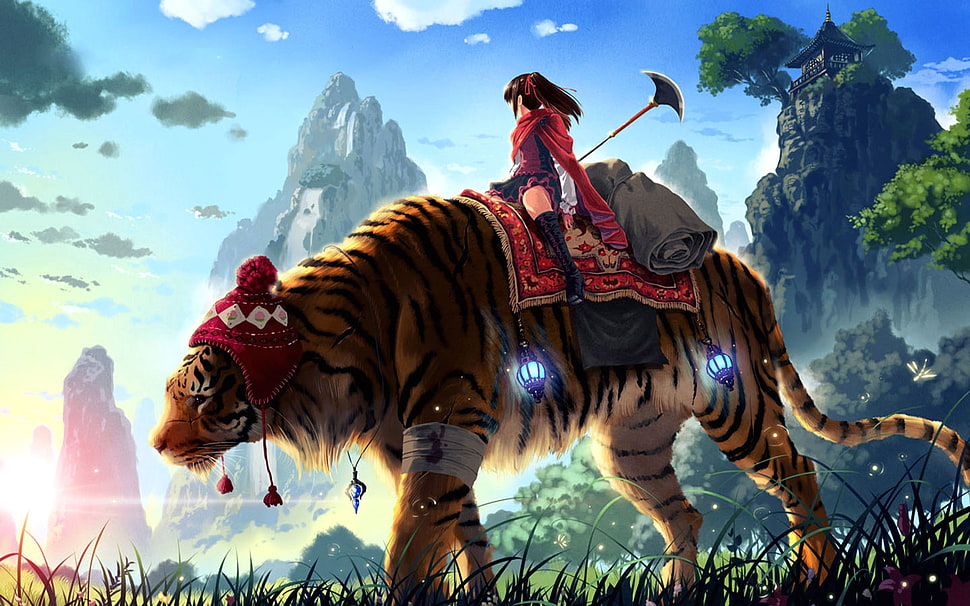 girl character holding spear riding tiger poster HD wallpaper