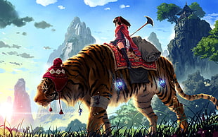 girl character holding spear riding tiger poster