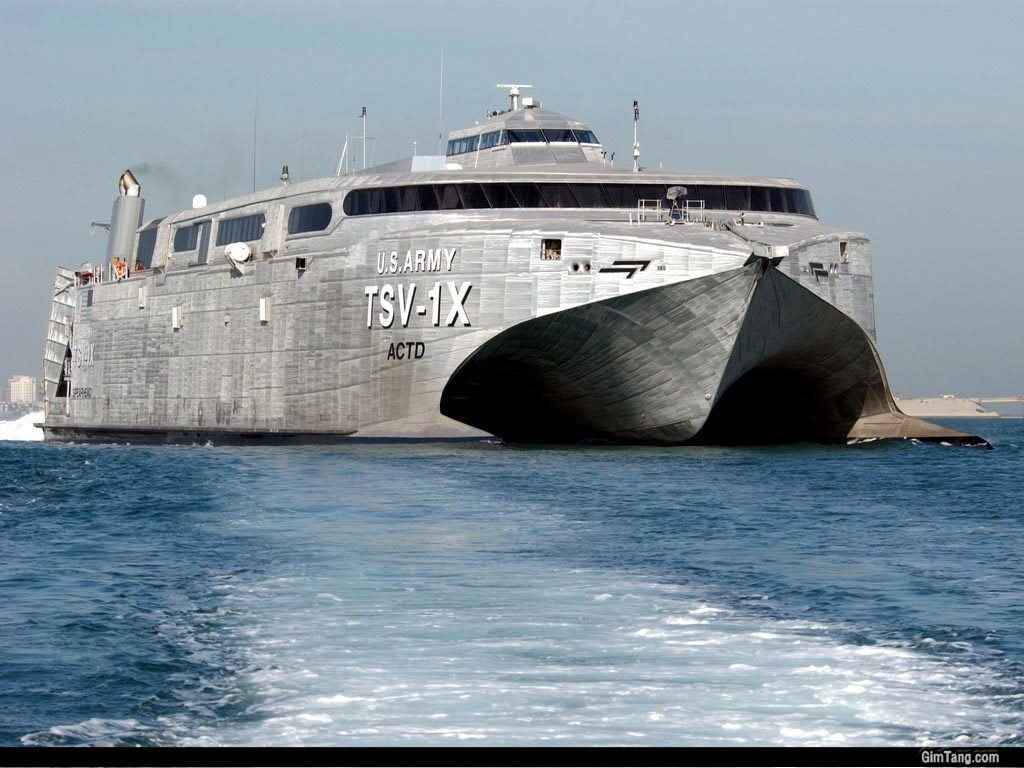 white and black boat trailer, United States Navy, tsv-1x, ship, catamaran