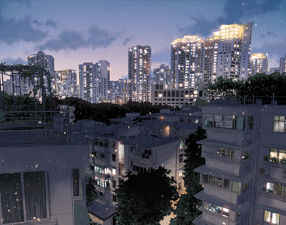 high-rise building lot, anime, city, Japan, dark HD wallpaper