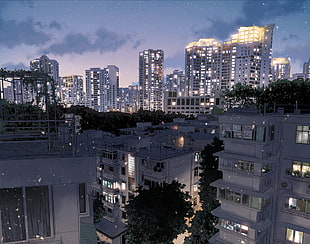 high-rise building lot, anime, city, Japan, dark
