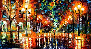multicolored streetlight painting, street, colorful, umbrella, Leonid Afremov