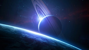 earth and saturn, space, planet, planetary rings, space art