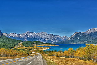 gray mountains, landscape, Abraham Lake, Canada, road HD wallpaper