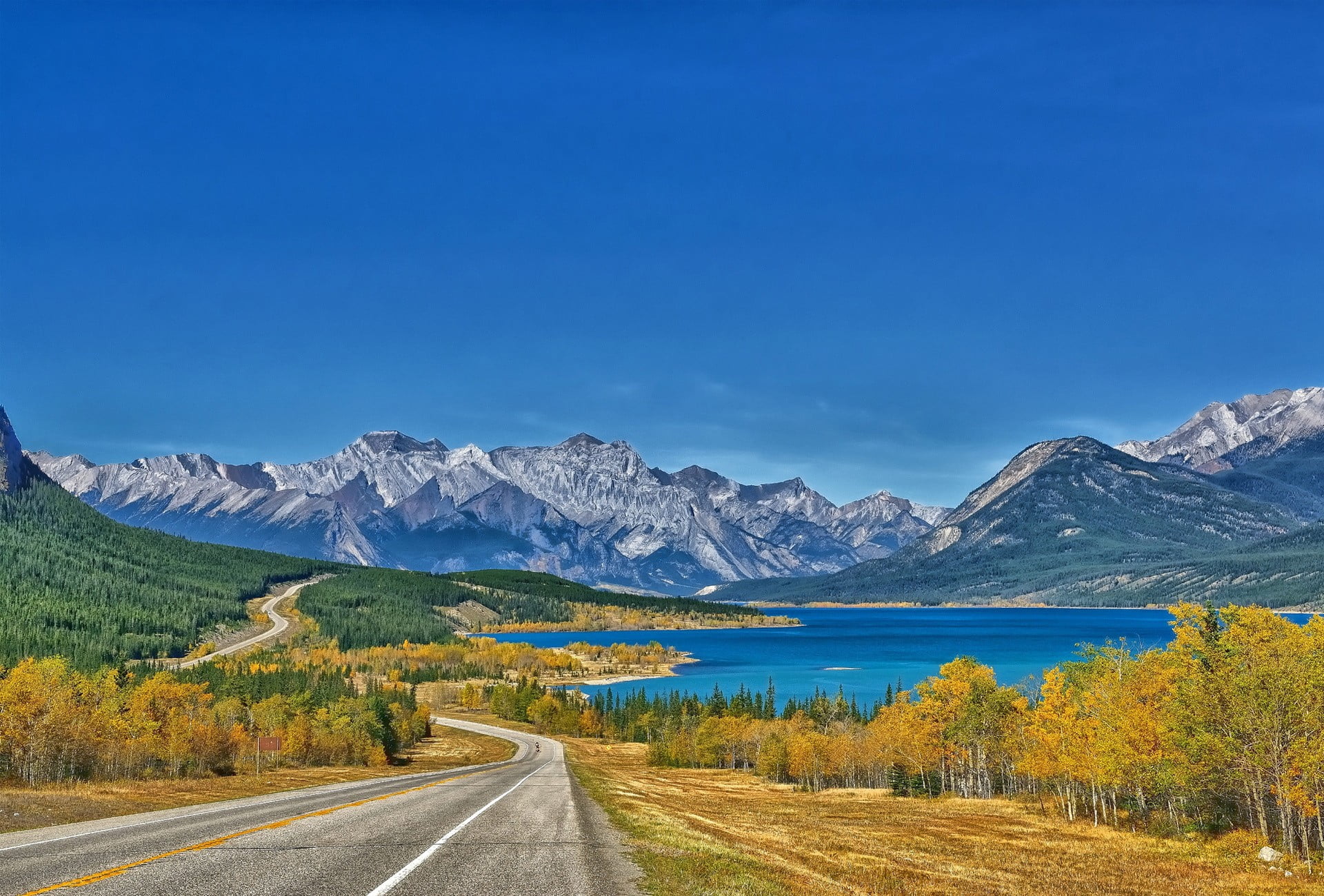 gray mountains, landscape, Abraham Lake, Canada, road