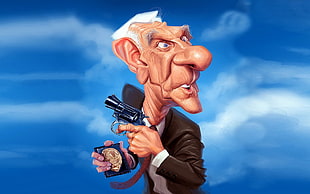 man holding gun and badge illustration, cartoon, Leslie Nielsen, caricature, Frank Drebin HD wallpaper