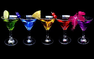 five cocktail glasses, cocktails, colorful, fruit, drinking glass