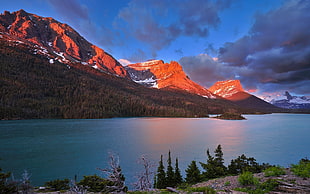 mountain surrounded with body of water, nature, mountains, water, river