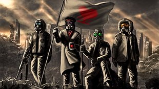 four soldiers holding flag wallpaper, gas masks, anime, Gone with the Blastwave, Romantically Apocalyptic 