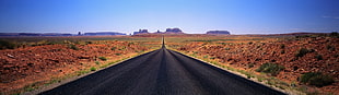 black asphalt road leading to Monument Valley between brown soil areas