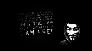 man wearing Guy Fawkes mask with white text overlay HD wallpaper