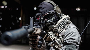 man wearing a mask and assault rifle