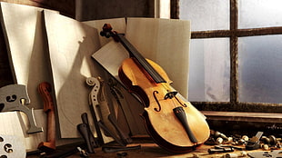 bown violin on stack of boards illustration