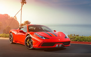 red coupe, car, Ferrari, sea