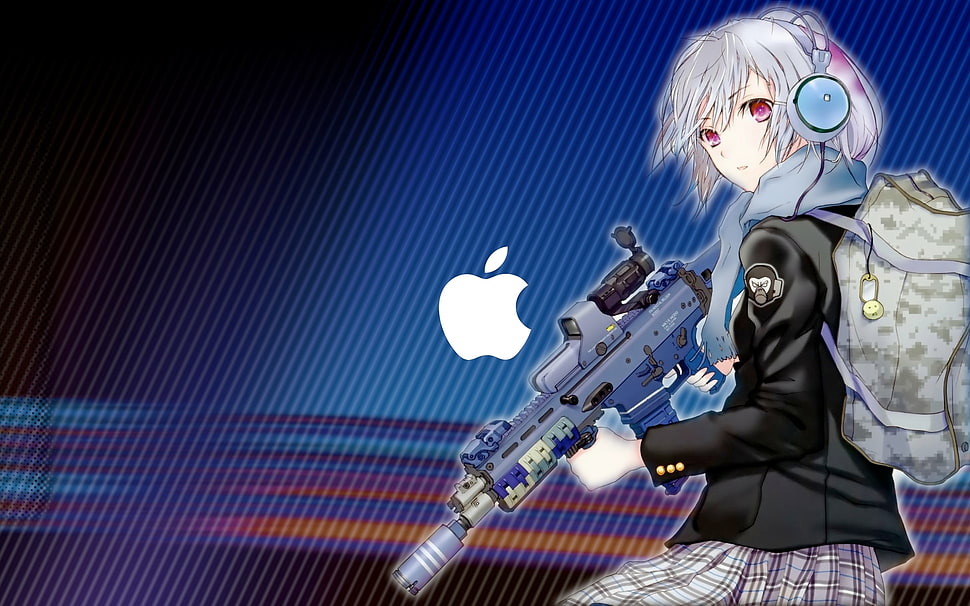 female in black jacket wearing blue headphones carrying blue assault rifle and gray backpack anime character digital wallpaper HD wallpaper