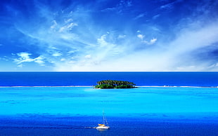 boat sailing on body of water digital wallpaper, nature, landscape, island, blue
