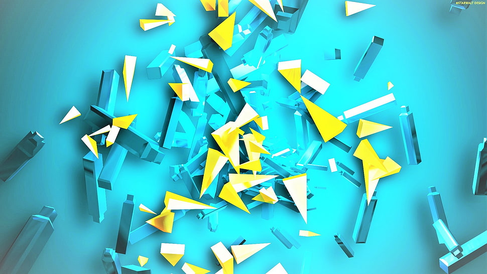 yellow and teal shattered glass digital wallpaper, abstract, blue, yellow, shards HD wallpaper