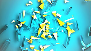 yellow and teal shattered glass digital wallpaper, abstract, blue, yellow, shards