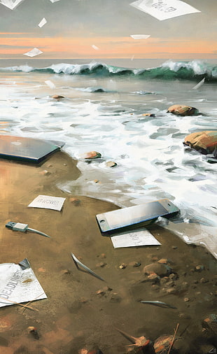 gray laptop computer and smartphone near body of water artwork, Alexander Zienko, sea, water, rocks HD wallpaper