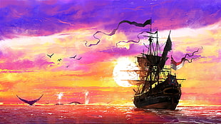 brown ship on seashore painting, fantasy art, artwork, sky, sea