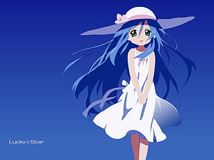 blue-haired female anime character wearing hat