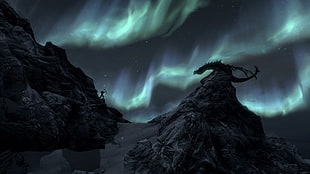 man and dragon on rock digital wallpaper, The Elder Scrolls V: Skyrim, dragon, video games