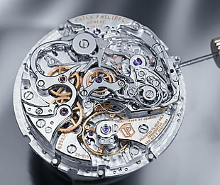 round silver-colored skeleton watch, watch, Patek Philippe, clockwork