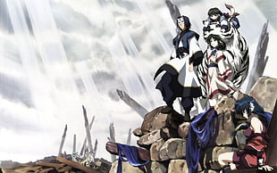 four persons standing on ruins, anime, Utawarerumono