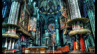 multicolored medieval building interior artwork, church, Milan, milan cathedral, cathedral