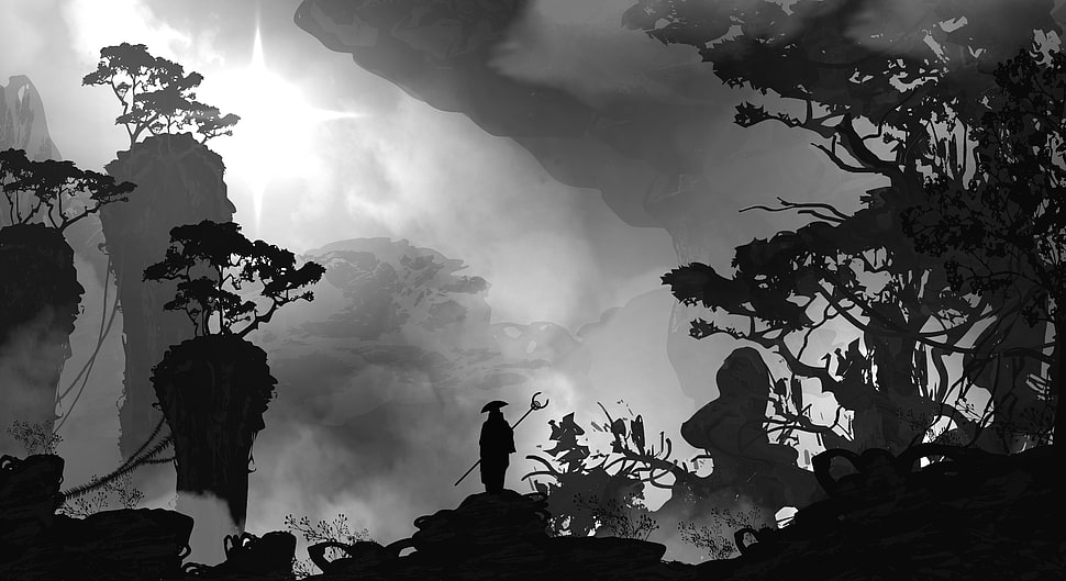 silhouette of man standing on rock, monochrome, Asian, landscape, fantasy art HD wallpaper