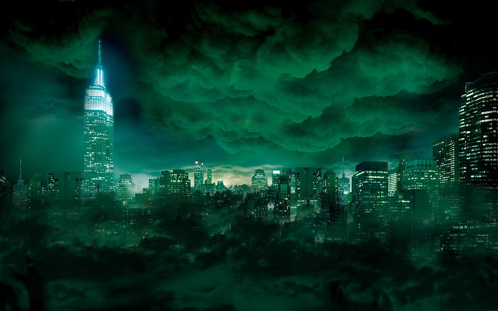 green and black abstract painting, cityscape, clouds, night HD wallpaper