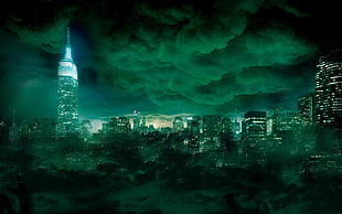 green and black abstract painting, cityscape, clouds, night