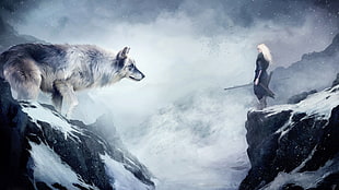 person holding sword in front of wolf painting, artwork, fantasy art