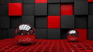 two chrome balls in red and black room