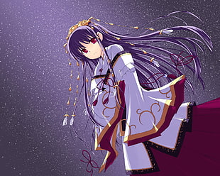 purple haired female anime character digital wallpaper