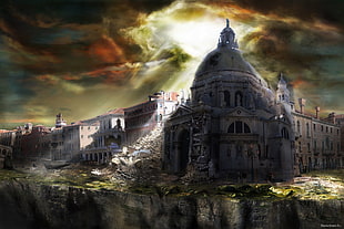 green and white house near body of water painting, apocalyptic, city, Santa Maria della Salute, Venice HD wallpaper
