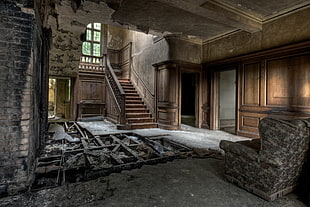 brown wooden stairway, ruin, interior, building, abandoned