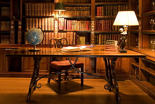 gamma photography of brown wooden table with desk globe inside library