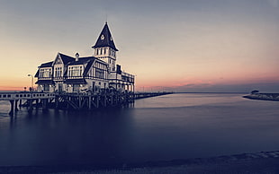 white and black wooden cathedral, water, sea, house, pier